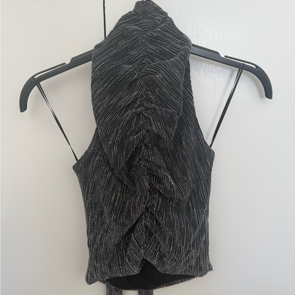 Womens Black Metallic Ruched Halter Top